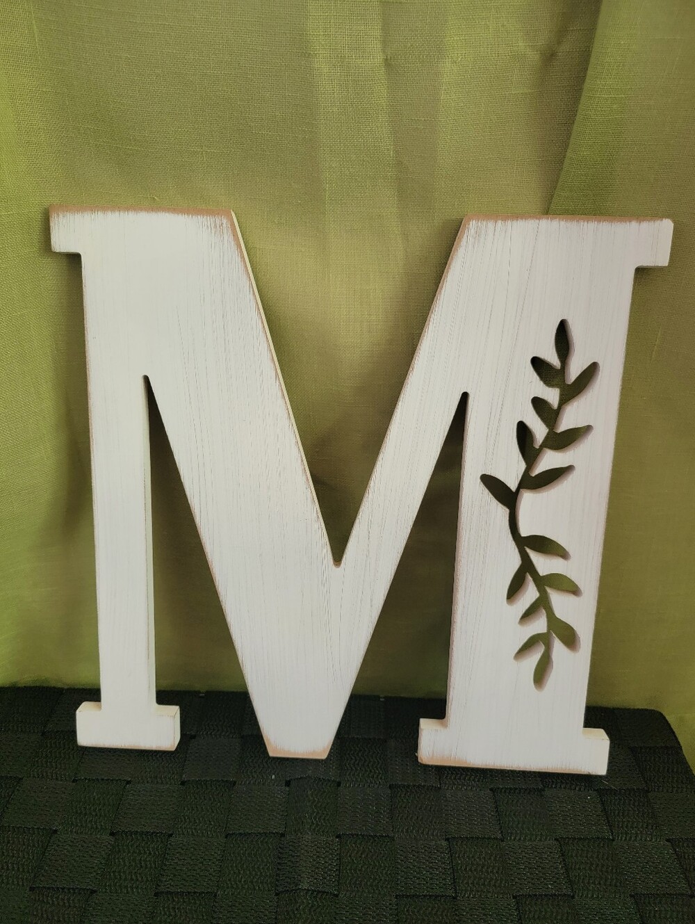 White Distressed Wooden Letter M Wall Decor with Leaf Accent